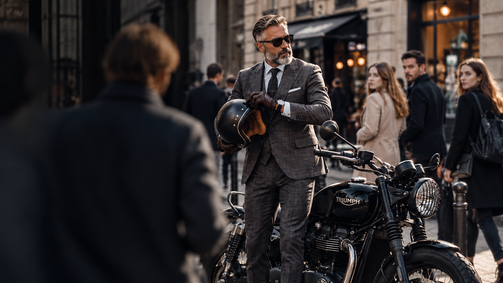 A suited rider beside a Triumph motorcycle on a city street