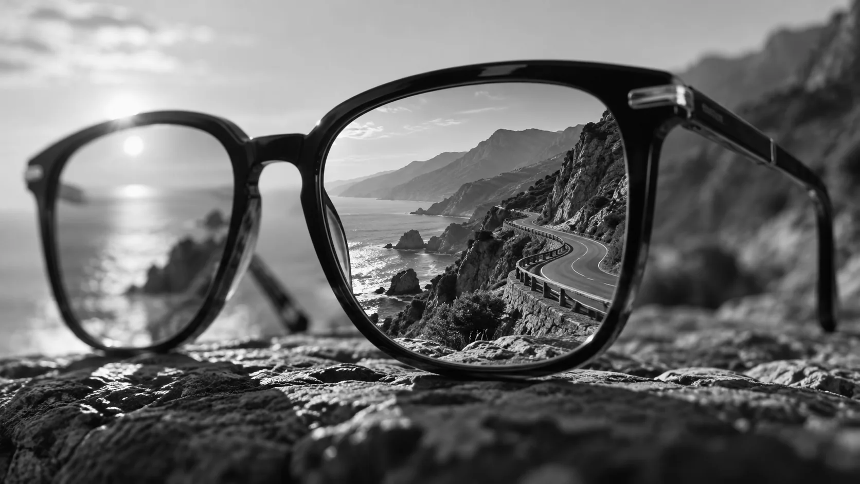 A winding coastal road comes into focus through dark sunglasses
