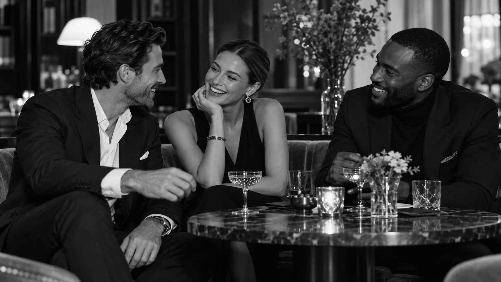 Three people laughing and talking together in a monochrome fashion editorial setting